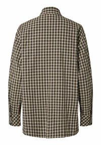 Oversized ternet skjorte i beige, sort og creme. Har en nedslået krave, lange ærmer og knapmanchet detalje.