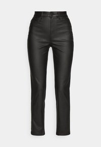 Mustat korkeavyötäröiset housut, jotka on valmistettu sileästä keinonahasta ja joissa on kapea leikkaus. Ominaisuuksiin kuuluvat etutaskut ja napitus.