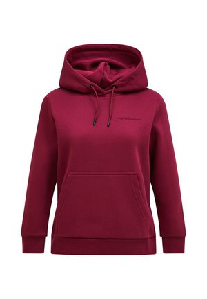 Burgunderfarbener Hoodie mit großer Fronttasche, verstellbarem Kordelzug-Kapuze und gerippten Bündchen. Verfügt über ein kleines gesticktes Logo auf der Brust.