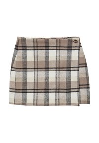 Karo-Minirock in Beige, Weiß und Schwarz. Hergestellt aus einem weichen Stoff mit einer dezenten Textur. Verfügt über einen seitlichen Knopfverschluss und ein Wickeldesign.