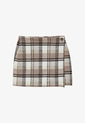 Karo-Minirock in Beige, Weiß und Schwarz. Hergestellt aus einem weichen Stoff mit einer dezenten Textur. Verfügt über einen seitlichen Knopfverschluss und ein Wickeldesign.