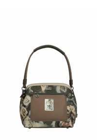 Multikleurige handtas met een patroon van stof, bruine leren accenten, een afneembare riem en een voorvak met rits met een labelgrafiek.