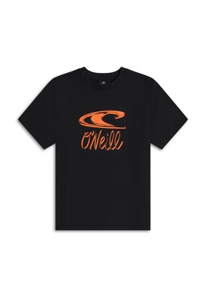 Black short-sleeve T-shirt with orange O'Neill logo and stylized wave graphic centered on the chest.