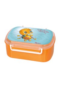 Orange plastic lunchbox with a blue lid featuring a cartoon character, detailed with a spider web pattern and white locking clips on the sides.
