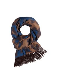 Rjav in moder blue vzorčast šal z mehkobo teksturo, z resicami na koncih in blagovno znamko nalepko.
