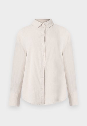Light beige linen shirt with a button-down front, long sleeves, and a pointed collar. Smooth texture with a relaxed fit and rounded hem.