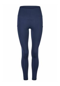 Navy blue leggings made of stretchy material with a high waistband, featuring a smooth texture and no visible patterns or hardware details.