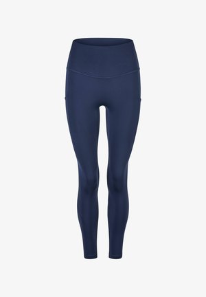 Marineblaue Yogahosen aus dehnbarem Material mit hohem Taillenbund, glatter Textur und ohne sichtbare Muster oder Beschläge.