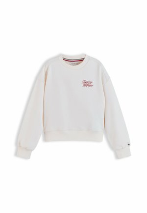 White Tommy Hilfiger crew neck sweatshirt with long sleeves, ribbed cuffs and hem, and red logo text on the left chest.