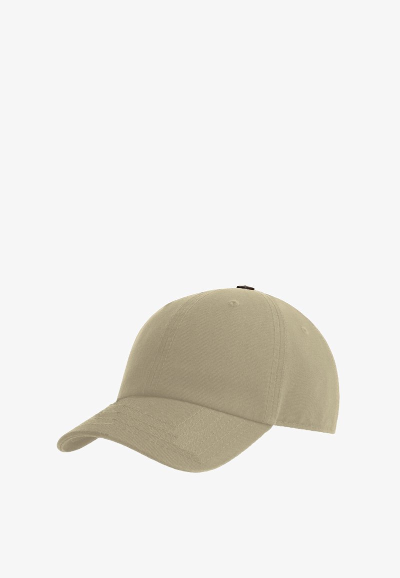 Beige Baseballkappe aus Baumwolle mit gebogenem Schirm, Sechspaneldesign und einem kleinen braunen Knopf oben. Glatte Textur und keine sichtbaren Muster.