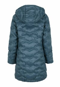 Puffjakke i mørk teal, med quiltet design, hætte og lange ærmer. Glat tekstur med vandrette syninger og en afslappet pasform.