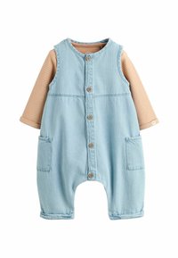 Hellblauer Jeans-Overall mit Rundhalsausschnitt, fünf Holzknöpfen und zwei aufgesetzten Taschen vorne. Gefüttert mit langen Ärmeln in beige und creme gestreift.
