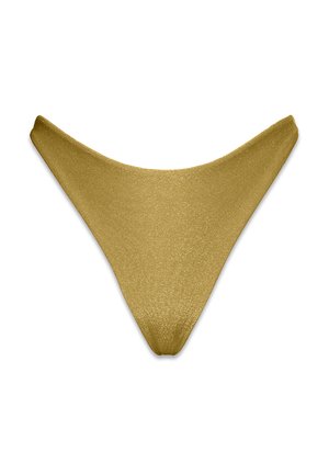 Złoty, błyszczący dół bikini o wysokim kroju i wąskich bokach. Materiał ma gładką, lśniącą fakturę, co przyczynia się do eleganckiego wyglądu.