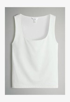 White tank top made of smooth fabric, featuring a square neckline and wide armholes. The hem is straight with simple stitching detail.