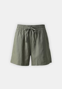 Oliwkowe, codzienne szorty z elastycznym pasem i sznurkiem, wykonane z lekkiego materiału, prezentowane na jednolitym białym tle.