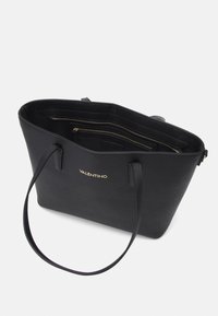 Black leather tote bag with two straps, a smooth texture, and gold "VALENTINO" logo. Interior features multiple compartments and a zip pocket.