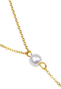 Gold chain necklace with a single white round pearl pendant centered between two gold loops on a white background.