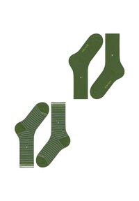 Zwei Paar grüne Socken auf weißem Hintergrund; ein Paar einfarbig grün und ein Paar mit grünen und grauen horizontalen Streifen.