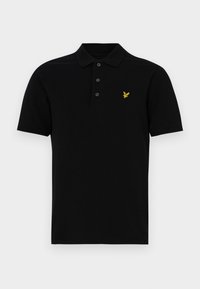 Polo noir à manches courtes avec trois boutons et un petit logo oiseau jaune sur la poitrine gauche.