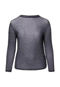 Langmouw top van doorschijnende grijze stof met een subtiele zwarte luipaardprint, met een ronde halslijn en zonder sluitingen.
