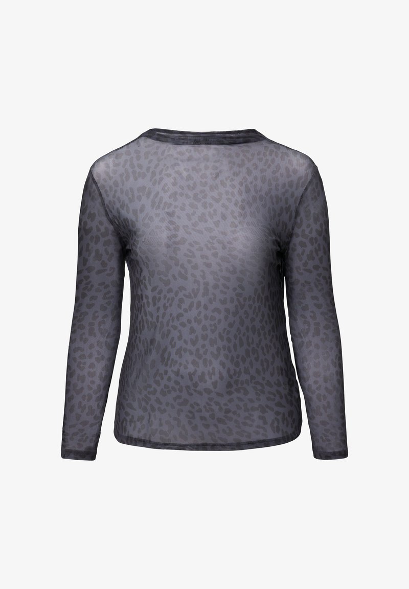 Langmouw top van doorschijnende grijze stof met een subtiele zwarte luipaardprint, met een ronde halslijn en zonder sluitingen.