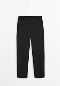 Pantaloni neri con una texture liscia, vita elastica e tasche laterali. Design a gamba dritta, con un aspetto sartoriale.