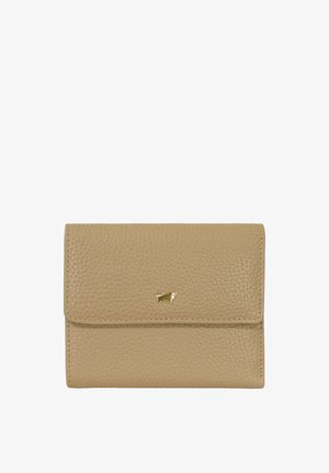 Portafoglio in pelle beige con texture, dotato di patta pieghevole e piccolo emblema dorato a forma di toro al centro della parte anteriore.
