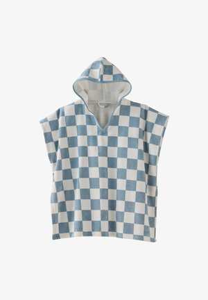 Hooded poncho in soft blue and white checkered pattern, featuring a v-neck and open sides for ease of movement. Textured fabric.