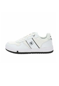 Scarpe sportive bianche con una tomaia in mesh e materiale sintetico. Presentano accenti neri, un logo rotondo e un design classico con lacci. Sottopiede in gomma.