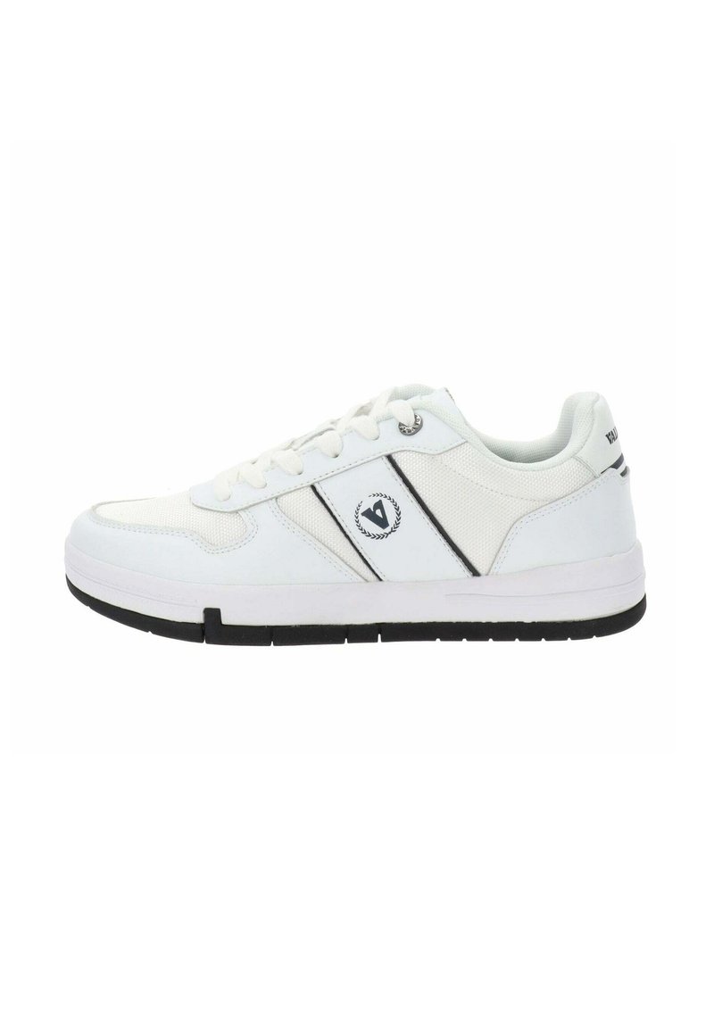 Scarpe sportive bianche con una tomaia in mesh e materiale sintetico. Presentano accenti neri, un logo rotondo e un design classico con lacci. Sottopiede in gomma.