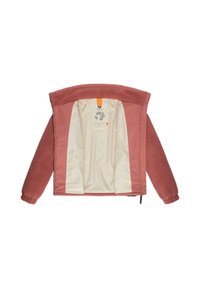 Giacca con esterno rosa e maniche e foderato in morbido pile. Presenta un anello arancione e un'etichetta con design decorativo all'interno.