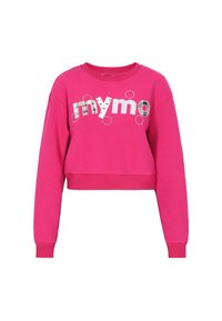 Rózsaszín rövidített pulóver, grafikai nyomattal, vegyes mintákkal, kör alakú díszítésekkel, bordázott nyakkivágással és mandzsettákkal.