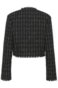 Black tweed cropped jacket with a checked pattern, fringed hem, and long sleeves. The texture appears textured and woven.
