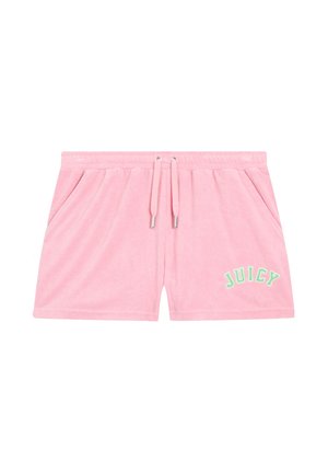 Short en éponge rose doux avec poches avant, taille ajustable par cordon et le mot "JUICY" imprimé en vert sur la jambe gauche.