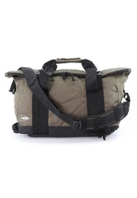 Duffel bag in olive green and black, made of durable fabric. Features a top handle, adjustable shoulder strap, and zippered closure.
