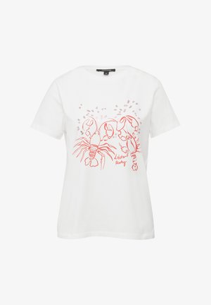 White short-sleeve t-shirt with a graphic print of lobsters in red, featuring thin outlines and creative accents, made of cotton fabric.