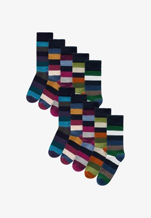 Nine pairs of striped socks in varying colors, including blue, green, maroon, and grey, featuring contrasting cuffs and a soft texture.