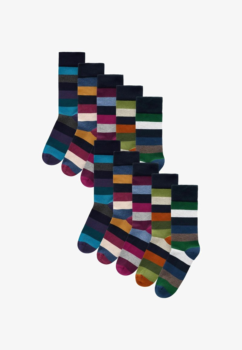 Neun pāru strīpotu zeķu dažādās krāsās, ieskaitot zilu, zaļu, bordo un pelēku, ar kontrastējošām aprocēm un mīkstu tekstūru.