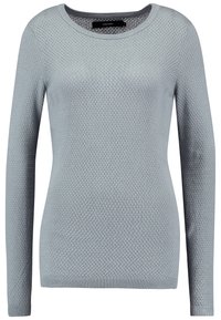 Hellgrauer Strickpullover mit strukturiertem, Wabenmuster, Rundhals und langen Ärmeln. Rippbündchen und Saum.