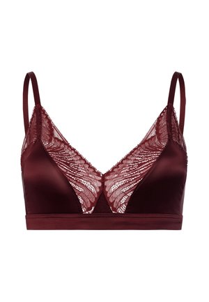 Burgundin bralette, jossa on pitsikoristelu ja pehmeä satiinimateriaali. Sisältää säädettävät hihnat ja kolmiomaisen muodon sekä sileän vyön.