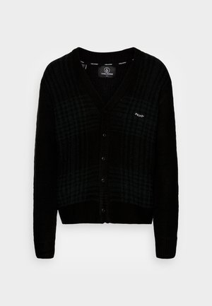 Cardigan noir à col en V, avec un motif à carreaux vert foncé, fermeture à boutons et poignets côtelés. Fabriqué en matériau doux.