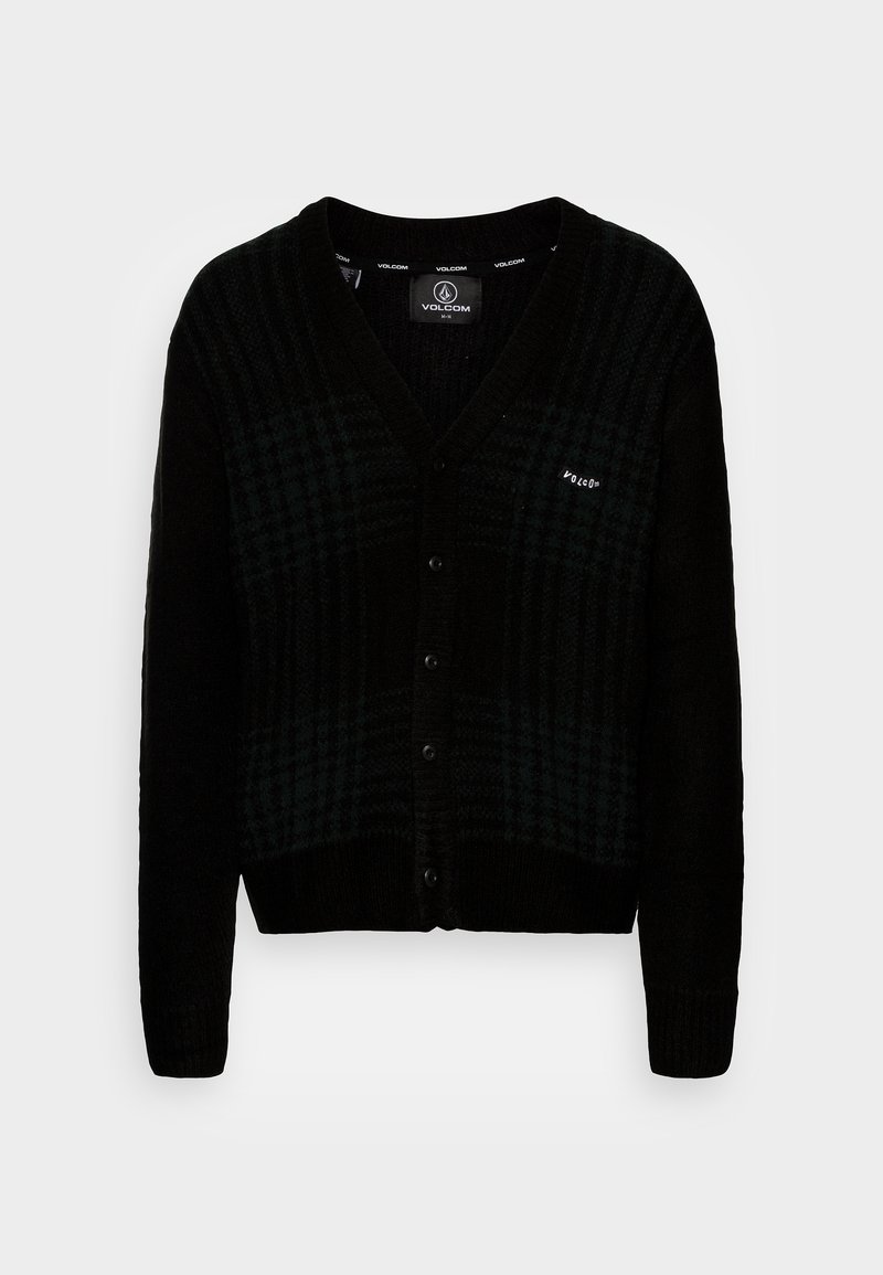 Zwarte cardigan met een V-hals, voorzien van een donkergroen geruit patroon, knoopsluiting en geribbelde manchetten. Gemaakt van zacht materiaal.