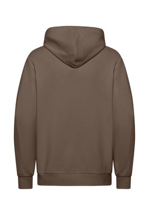 Brauner Hoodie mit Kapuze mit Kordelzug, langen Ärmeln und gerippten Bündchen und Saum. Der Stoff wirkt glatt mit einer leicht strukturierten Oberfläche.