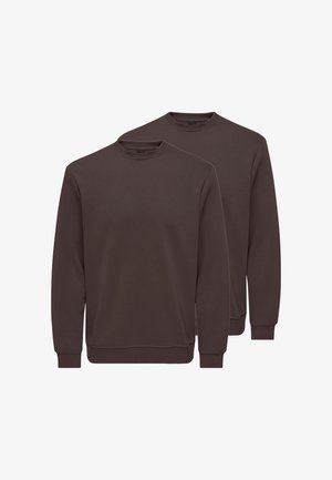 Zwei schlichte dunkelbraune Sweatshirts mit Rundhalsausschnitt, langen Ärmeln und Rippbündchen an Ärmeln und Saum, dargestellt vor weißem Hintergrund.
