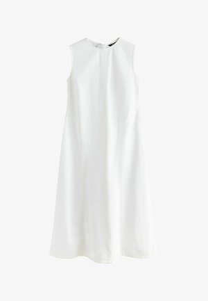 Ärmelloses weißes Midikleid mit rundem Ausschnitt und dezenten Nahtdetails, gefertigt aus glattem Stoff.