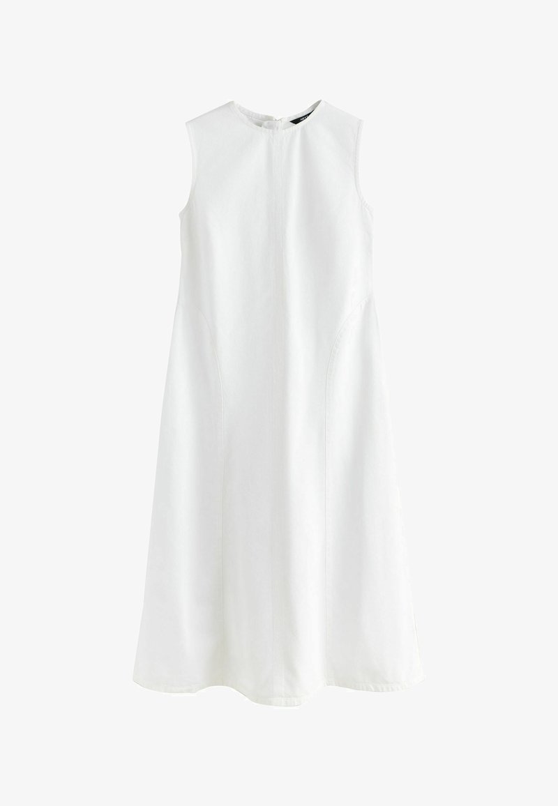 Robe midi blanche sans manches avec encolure ronde et détails de couture subtils, confectionnée en tissu lisse.