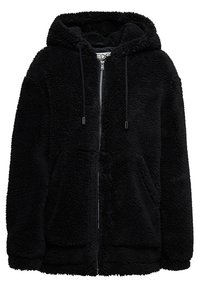 Veste noire zippée à capuche avec une texture douce et duveteuse et des poches avant, avec des cordons à la capuche.