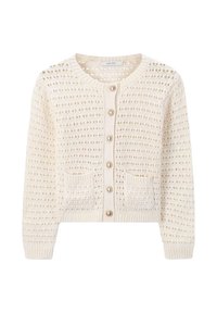 Hellbeige, kurz geschnittene Strickjacke mit ausgefallenen offenen Strickmustern, Rundhalsausschnitt, sechs Knöpfen und zwei Fronttaschen.