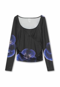 Schwarzes Langarmtop mit Rundhalsausschnitt, seitlicher Raffung und blauen Blumenprints. Hergestellt aus glattem, dehnbarem Material.
