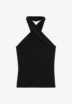 Svart halterneck-topp i slät tyg, med en tvinnad halsringning och en figurnära silhuett. Inga mönster eller synlig hårdvara.